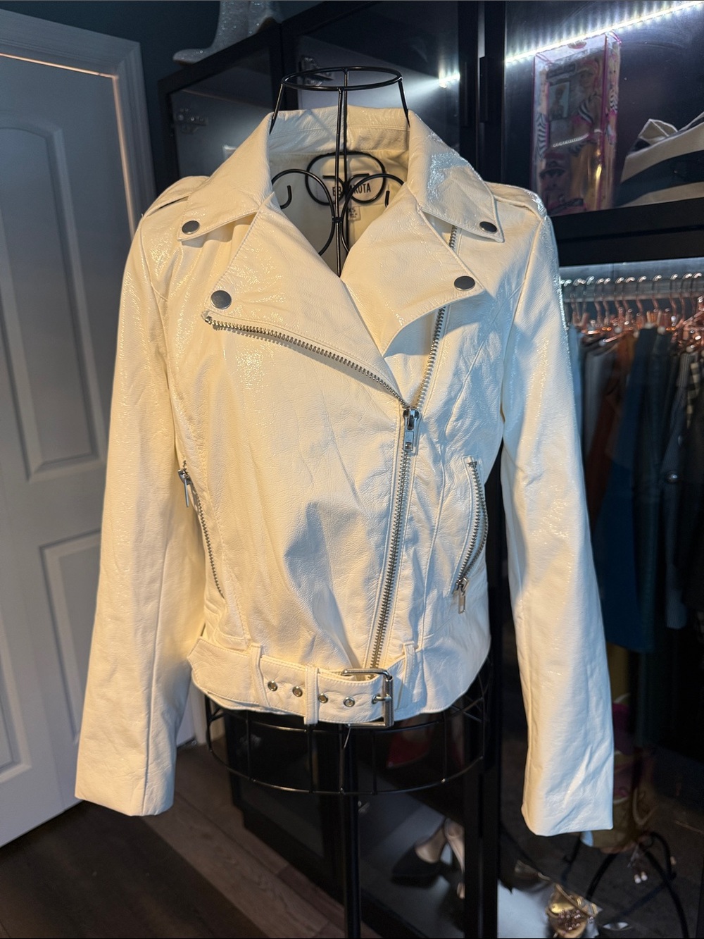 BB Dakota White Patent Leather Moto Jacket with Belt